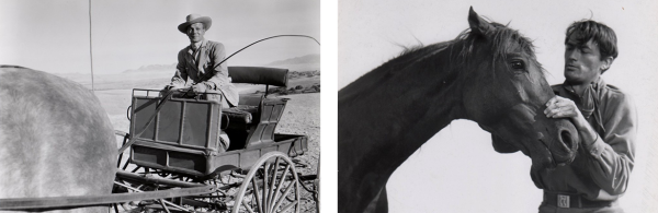 Jesse, left, brings Pearl to the ranch via horse-drawn carriage; meanwhile, Lewt woos her with good old-fashioned horse tricks
